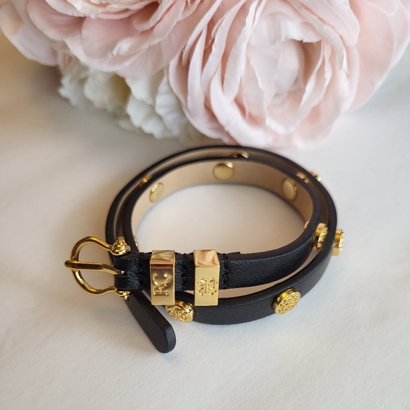 Rustic Cuff Black Leather Double Wrap Bracelet Studs Buckle Closure Goldtone - Picture 11 of 11